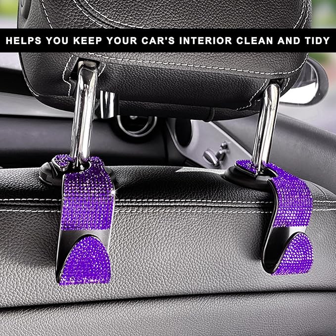 4 PCS Car Seat Headrest Hooks, Bling Crystal Rhinestone Back Seat Hanger Storage Organizer, Sparkly Seatback Holder Hooks for Purse and Bags Universal For Most Vehicles (Purple)