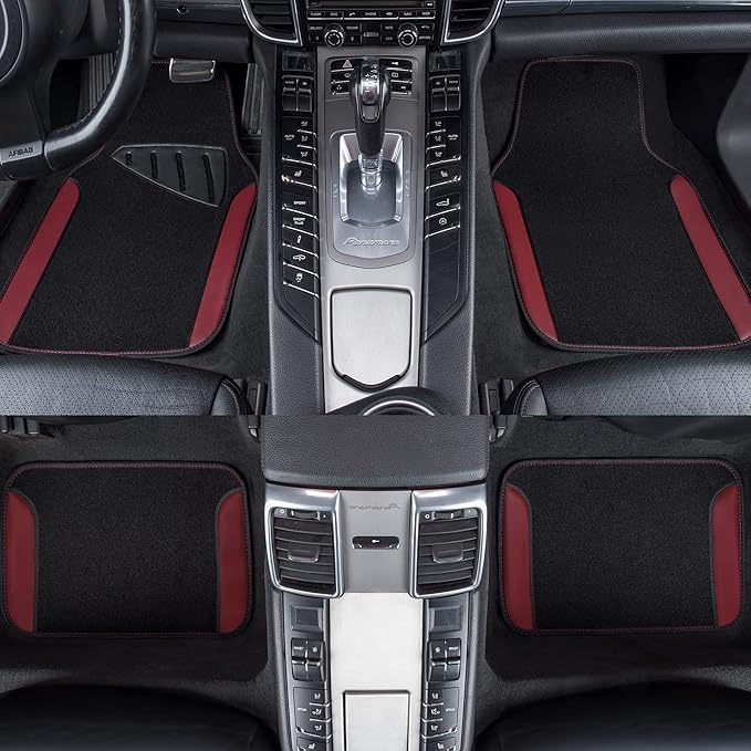CAR PASS Waterproof Universal Fit Car Floor Mats, Car Mats Fit for SUV,Vans,sedans, Trucks,Set of 4pcs Car Carpet with Driver Heel Pad（Black and Burgundy）