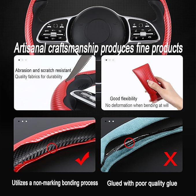 LevChall Carbon Fiber Steering Wheel Cover, 2-Piece Set Anti-Skid Comfortable Grip Segmented Butterfly Design, Easy Snap-On Installation Universal Fit 99% Cars, Red