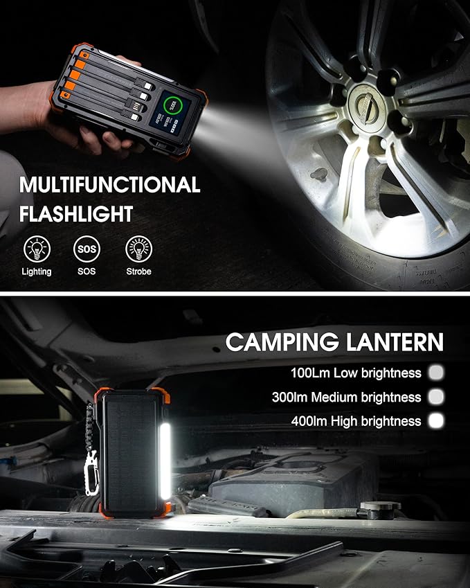 Solar Jump Starter, 5000A Peak 12V Car Battery Jump Starter for Up to 10.0L Gas & 6.0L Diesel Engines, Jumper Cables & Solar Power Bank, Car Accessories & Gift for Men, Husband, Dad, Organge