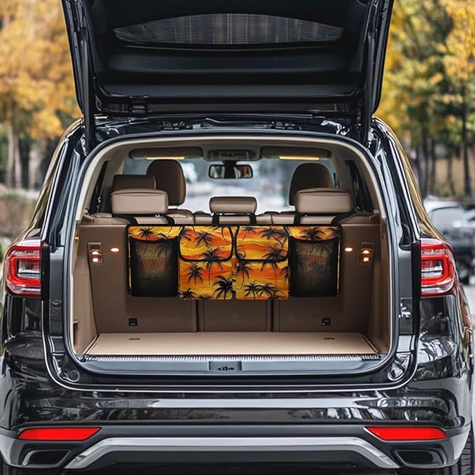 CLOHOMIN Sunset Car Seatback Organizer Coconut Tree Car Trunk Organizer Hanging Car Storage Bags with 4 Pockets Orange Car Trunk Mesh Storage Car Decor