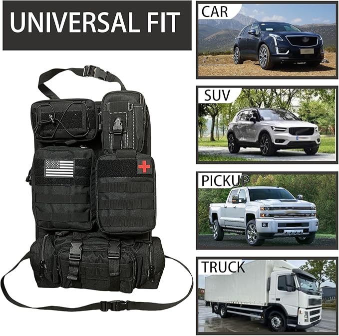 MEAUTELE 6 Pack Tactical Molle Car Seat Back Organizer Tactical Vehicle Panel with 5 Detachable Molle Pouch for Car Truck Ford Jeep Vehicle,US Patch Automotive Organizer For Man (5 Pouches)