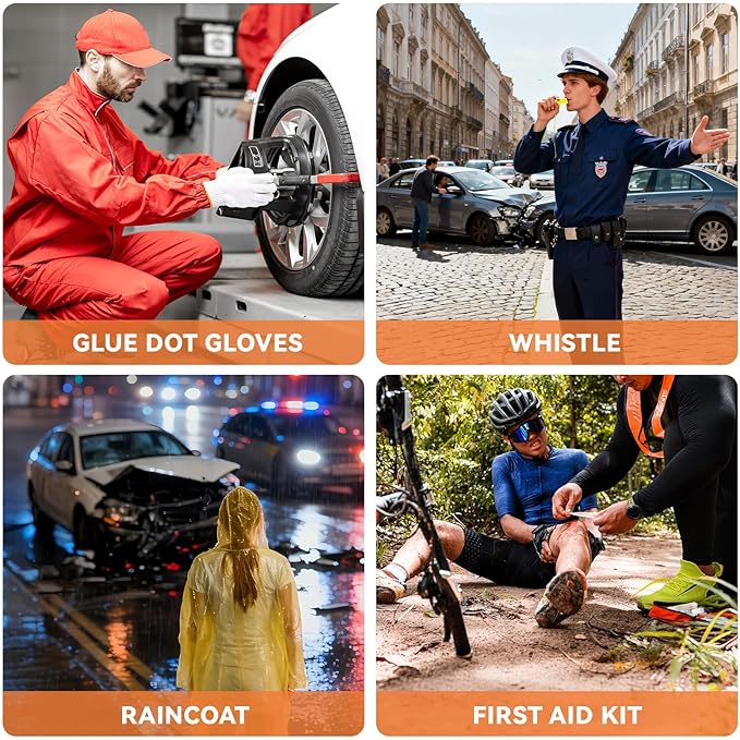 COOGEO Roadside Emergency Car Kit with Jumper Cables, Car Accessories for Men, Assistance Safety Kit Includes Safety Hammer, Headlamp, Gloves, First Aid Kit for Women, Men, Teenagers, Orange