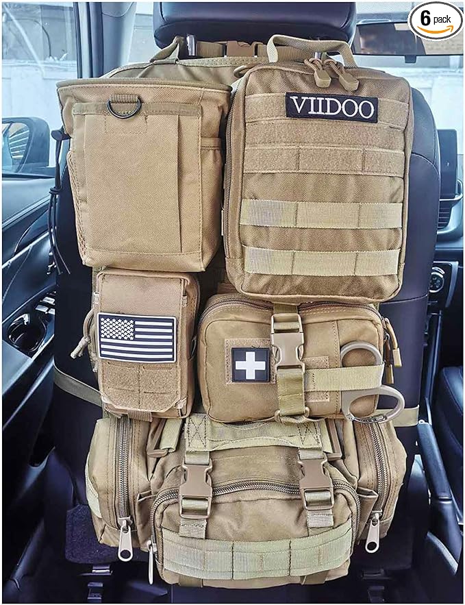 Car Truck Seat Back Organizer Tactical Molle, Upgrade Tactical Vehicle Panel Organizer with 5 Detachable Molle Pouch, Universal Fits for Most of Vehicle (Tan)