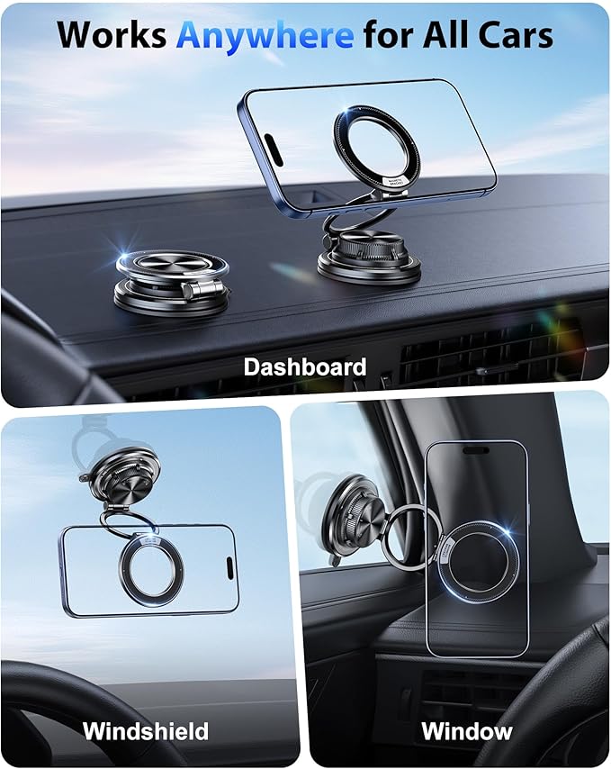 Otemly Ultra-Thin Vacuum Gel Magnetic Phone Holder for Car, [95LBS Max Suction] 360° Adjustable [All Zinc-Alloy] Cell Phone Car Mount for MagSafe, Fit for iPhone 17 Pro Max/16/15/14/13/12 & Android