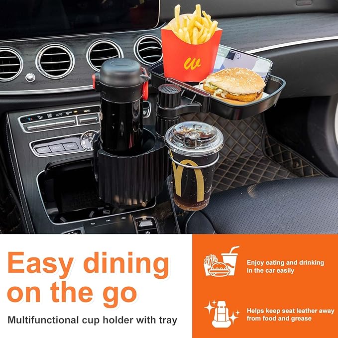 Car Large Cup Holder Expander, 4-in-1 Cupholder Extender with Swivel and Detachable Snack Food Tray Table for Eating, Travel Essentials for Road Trips for Driver. Model A