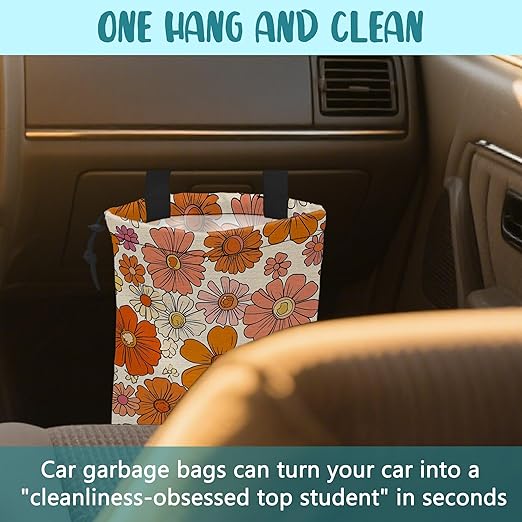 KXWQTRDD Car Trash Bag Hippie Vintage Flowers Leak-Proof Car Garbage Bag with Drawstring Foldable Canvas Trash Bin with Adjustable Buckle for Car Accessories, Travelling, Camping