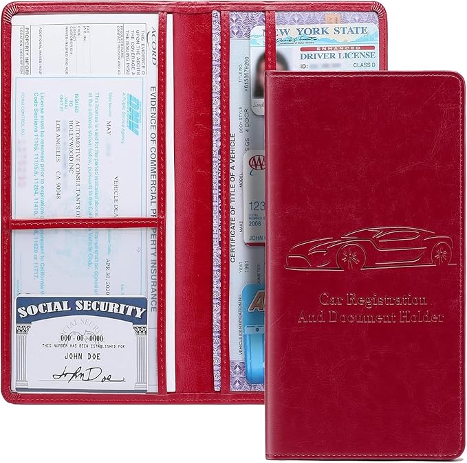 Peisicne Car Registration and Insurance Card Holder for Women Men, Red Glove Box Paperwork Organizer with Magnetic Buckle for Easy Access and Protect Documents and Various Cards in Vehicle