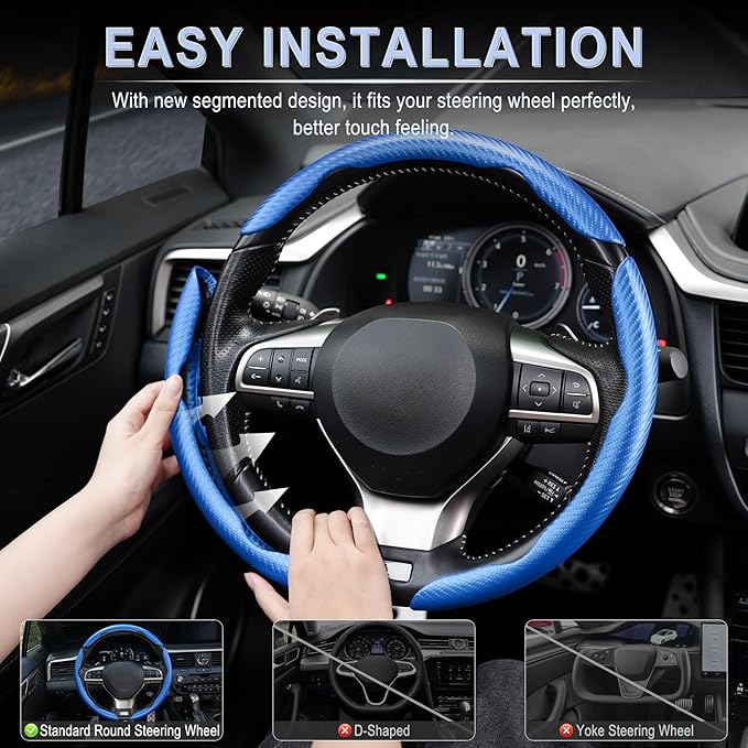 Amiss 3pcs Carbon Fiber Anti-Skid Steering Wheel Cover, Waterproof & Segmented Butterfly Design, Universal 99% Vehicle Wheel Cover Protector, Car Interior Accessories, Blue
