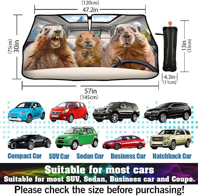 DOPINDU Funny Groundhog Car Windshield Sun Shade Umbrella Bendable Handle Foldable Animal Print Sunshade for Car Windshield Block UV Rays Keep Vehicle Cool for Most Sedans SUV Trucks Cars 57"x30"