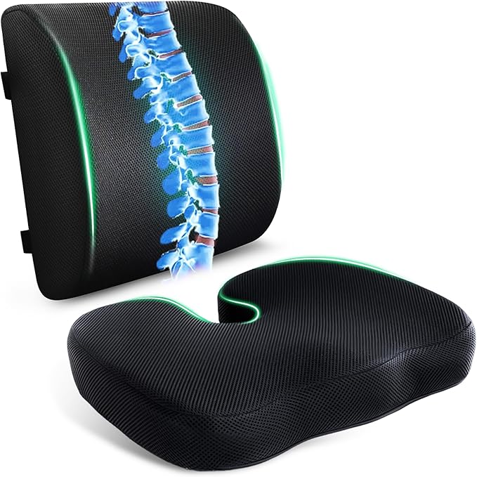 FuturaLoom Seat Cushion & Adjustable Lumbar Support Pillow Set,Charcoal Memory Foam for Sciatica,Back & Tailbone Pain Relief,Washable Cover & Non-Slip,Ergonomic for Office Chair,Car,Wheelchair -Black