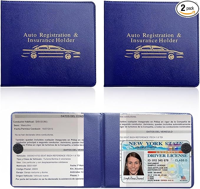 Ziciner Car Registration Insurance Holder, 2Pack Essential Auto Card Document Glove Box Organizer with Touch Fastener, Vehicle Interior Accessories Perfect for Most Car, Truck, SUV (Blue/Gold Words)