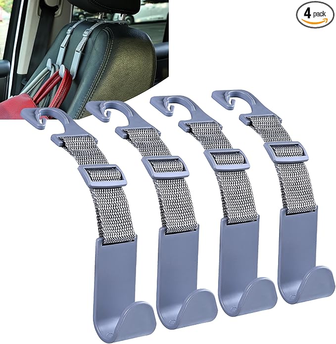Amooca Headrest Hooks for Car Adjustable 4 Pack Vehicle Seat Back Organizer Storage Hanger Holder for Purse Bags Universal Fit Gray