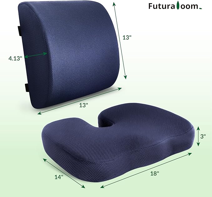 FuturaLoom Charcoal Memory Foam Seat Cushion & Adjustable Lumbar Pillow Set - Back Support for Pain Relief (Sciatica,Tailbone),Washable & Non-Slip,Multipurpose for Office,Car,Wheelchair - Navy Blue