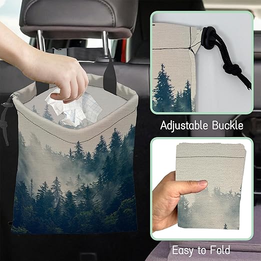 NHNXHWIA Misty Forest Car Trash Bag,Foggy Mountain Hanging Drawstring Car Garbage Bag,Waterproof Canvas Car Back Seat Organizer with Adjustable Buckle,for Vehicles,SUVs,Camping,Road Trips
