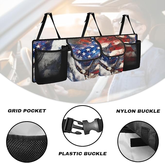 CLOHOMIN Eagle Trunk Organizer for Car American Flag Car Storage Oraganizer Patriotic Back Seat Hanging Storage with 4 Large Pockets Multi Cargo Storage Bag for SUV Car Sedan