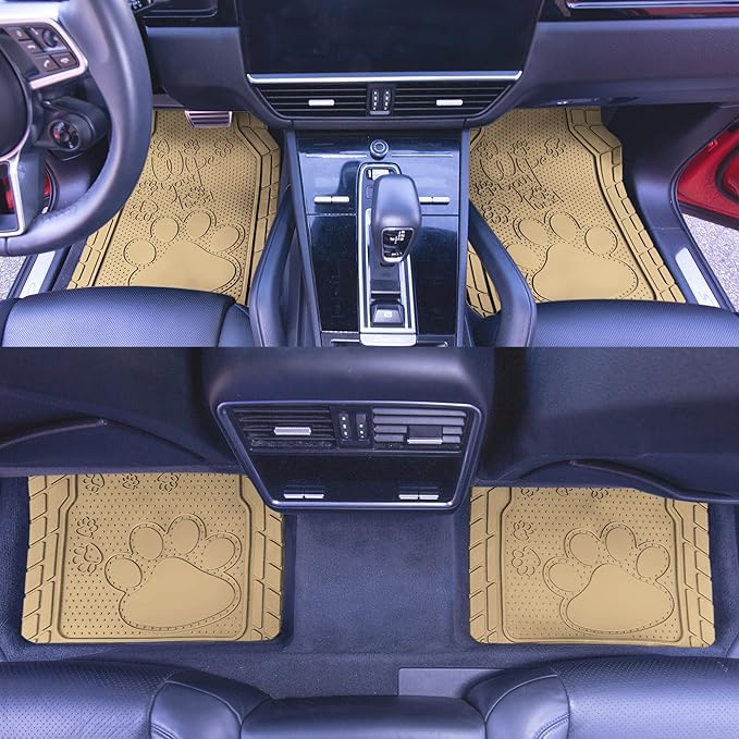 FH Group Car Floor Mats - Adorable Paw Print, Heavy-Duty Rubber Mats, Universal Fit Full Set, Climaproof, Trimmable, Fit Most Sedan, SUV, Truck - Beige