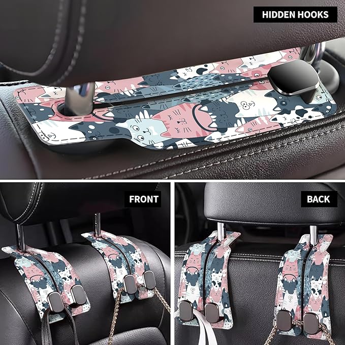 AXBSAKDI Car Seat Back Storage Headrest Hook, Premium Leather Double Metal Hook, Hanger Storage Organizer for Purse Cloth Bag, Car Interior Accessories Cute Funny Cats