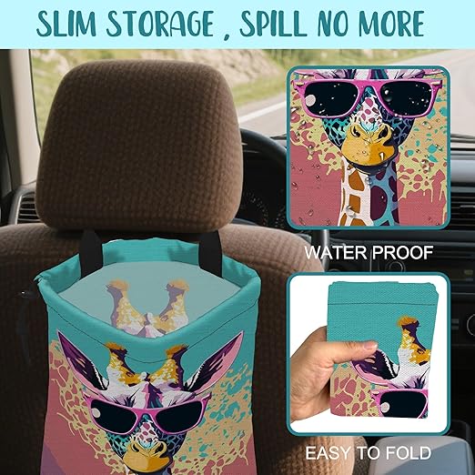 KXWQTRDD Car Garbage Bag Giraffe Wearing Sunglasses Hanging Canvas Car Trash Bag Waterproof Drawstring Car Back Seat Organizer for Car Back Front Seat Console with Adjustable Buckle