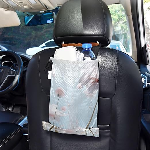 ALAZA Hanging Car Trash Bags Garbage Bag Trash Can for Back Seat Small White Flower Washable Storage Bag Retractable 2 Pack