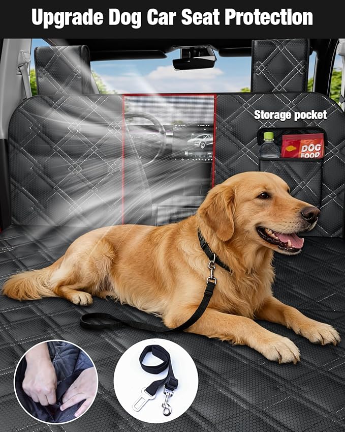 Wexyldra Dog Car Seat Cover for Back Seat Compatible with Tesla Model Y — Hard Bottom Pet Travel Hammock with Seat Extender, Waterproof Backseat Dog Cover with Door & Headrest Protectors
