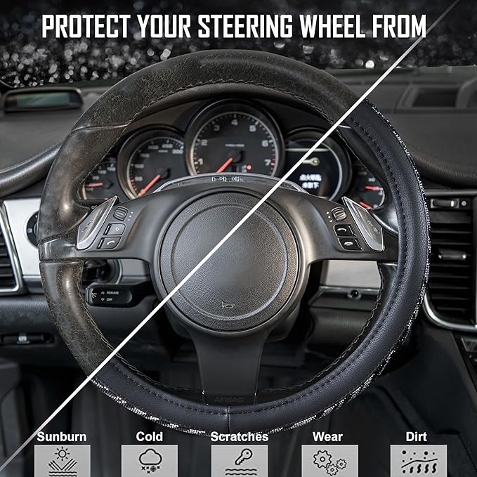 CAR PASS Bling Diamond Leather Steering Wheel Cover, with Bling Sparkly Crystal Glitter Rhinestone Universal Fit 14" 1/2-15" Car Wheel Protector Fit for Women Girl SUV,Vans,Sedans,Trucks, Zebra Print