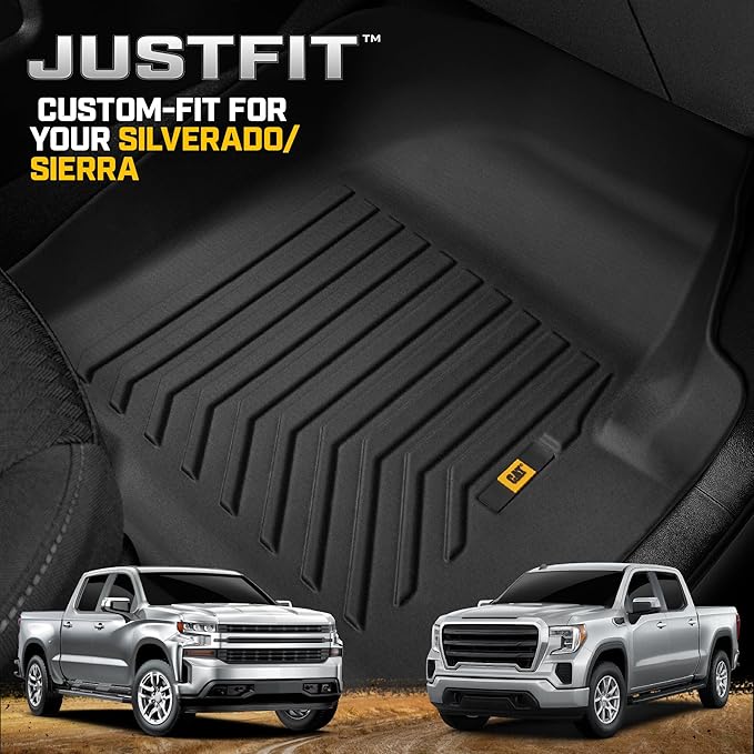 CAT® JustFit™ 3D Custom Fit Floor Mats Chevrolet Silverado 1500/GMC Sierra 2019-2026, Chevy Silverado 2500HD/3500HD Crew Cab/GMC Sierra 2500HD/3500HD Crew Cab 2020–26 Floor Liner Laser Measured Front