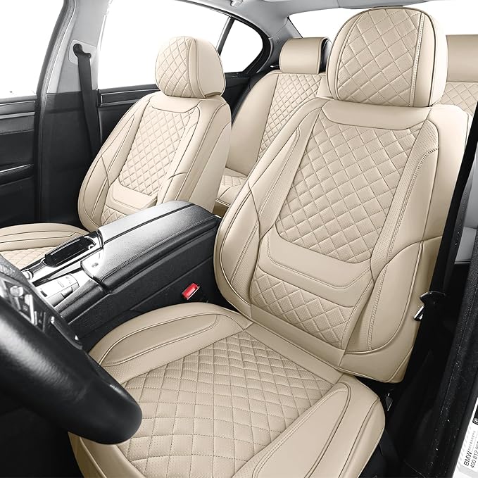 hoozoom Leather Seat Covers for Cars Breathable Front Seat Covers Waterproof Seat Protectors Universal Fit for Most Automotive Cars SUV Trucks Van (Beige, Front Pair)