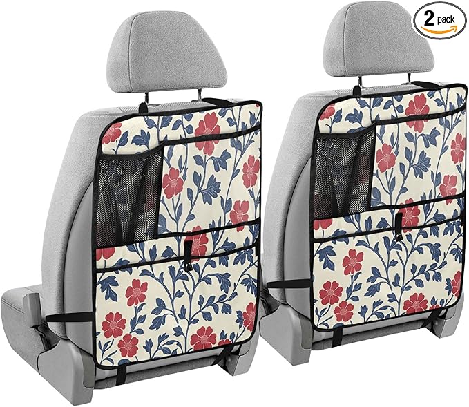 Red and Blue Floral Pattern 2 Pack Multifunctional Car Seat Back Organizer, Backseat Kick Protectors Vehicle Storage Bag with Tablet Holder