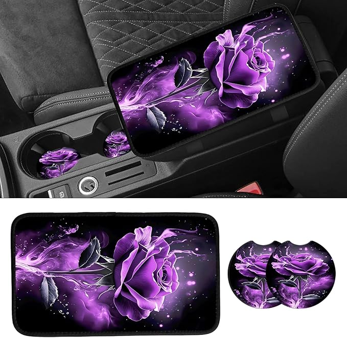 JANENFNA Car Armrest Cover Pads Universal Fashion Cute Auto Center Console Armrest Cover Pad with 2PCS Car Coasters Soft Waterproof Car Armrest Seat Protector for Women,Purple Rose