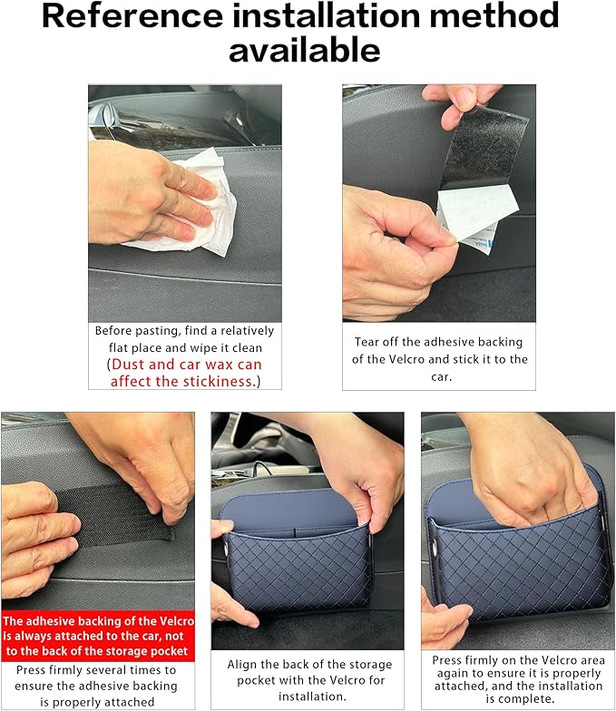 Self-Adhesive Car Seat Side Pocket Organizer with Cable Port - Black PU Leather Storage Pouch for Phone & Keys, Fits Gaps, Console & Door （Glossy Black）
