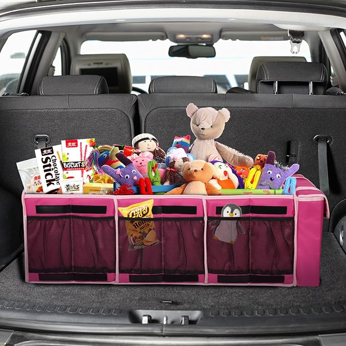 EAROND Collapsible Trunk Organizer with Insulated Leakproof Cooler Bag,Removable Lid,Adjustable Securing Straps,3 Compartments Trunk Organizer for SUV,Truck,Sedan(Pink)