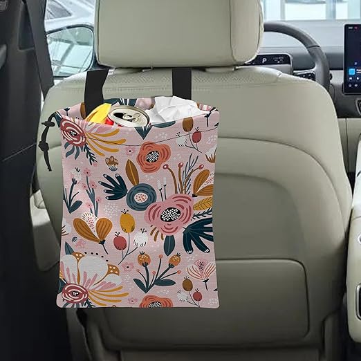 ghatobty Car Trash Bag Creative Floral Car Garbage Bag Hanging Car Trash Can for Back Seat with Drawstring, Waterproof Garbage Bags for Car Accessories Vehicle Travelling Camping Outdoor