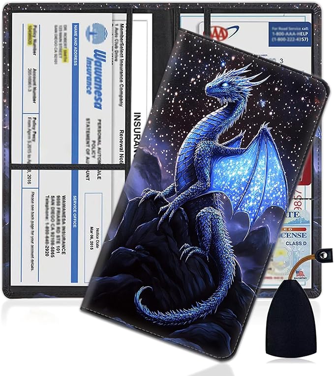 Car Document Holder with Magnetic Shut, Car Registration and Insurance Card Holder, Vehicle Glove Box Organizer Documents, Driver License, Auto Paperwork Organizer Wallet, Blue Dragon Starry Night