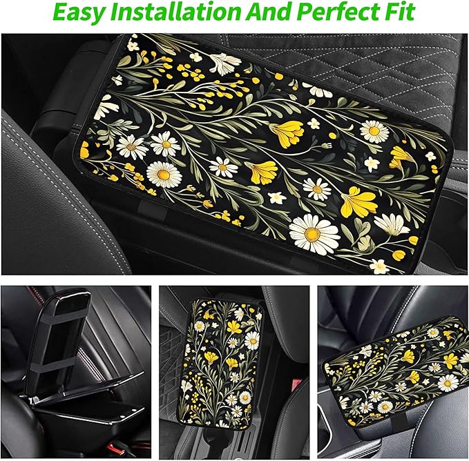 JANENFNA Car Armrest Cover Pads Universal Fashion Cute Auto Center Console Armrest Cover Pad with 2PCS Car Coasters Soft Waterproof Car Armrest Seat Protector for Women,Yellow Flower