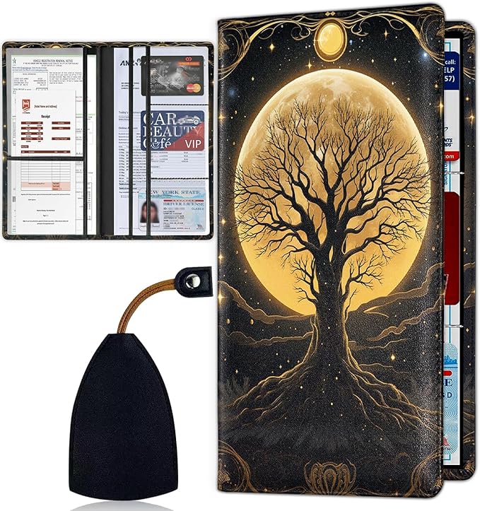 Car Document Holder with Magnetic Shut, Car Registration & Insurance Card Holder, Waterproof PU Leather Glove Box Organizer Vehicle Accessories Driver License for Women/Men, Abstract Tree Pattern