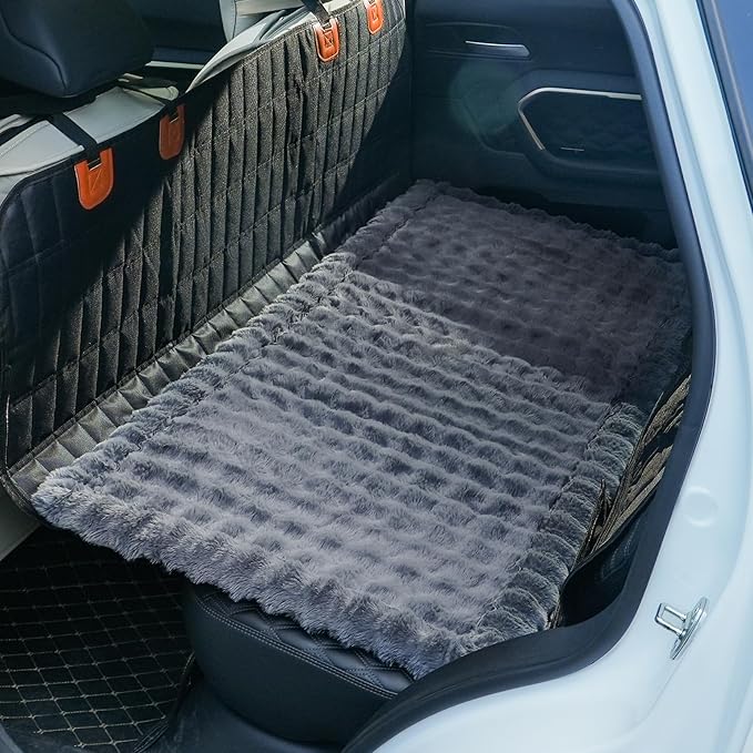 AEEISHOMEREFORM Dog Car Seat Cover for Back Seat, Plush Dog Bed Mat for Car, Fit for Backseat Extenders, Travel Pet Mat, Nonslip Soft Pet Pad for Cars Trucks and SUVs (Dark Gray, 24.8x54 inch)