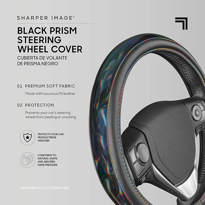 BDK Cute Iridescent Black Steering Wheel Cover for Women, Standard 15 inch Size, Sparkle Faux Leather Car Steering Wheel Cover for Truck Van SUV Auto