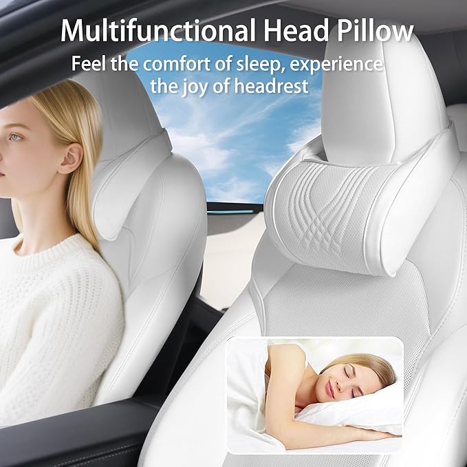 Dapucarin Car Headrest Memory Foam Neck Pillow for Driving with Leather Cover Soft Comfortable Seat Head Pillow Cushion for Most Cars SUV Sedan Home Office, White, 2PC