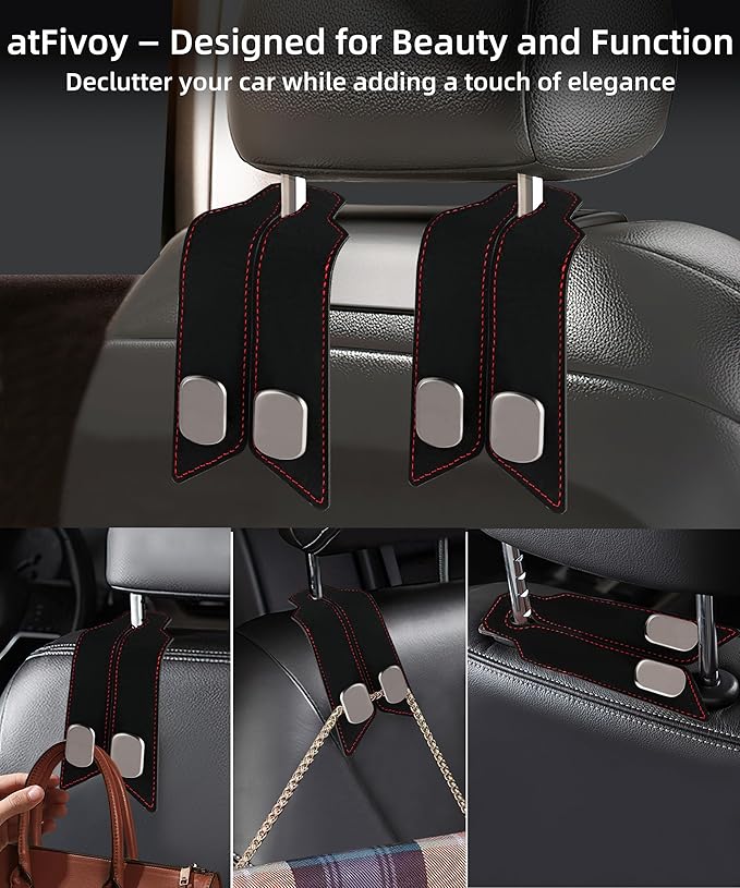 atFivoy 2Pcs Car Headrest Hooks with Premium Leather, Upgraded Double Metal Hooks with Anti-Drop Design, Universal Back Seat Hanger for Bags, Coats, Purses and Groceries (Classic Black)