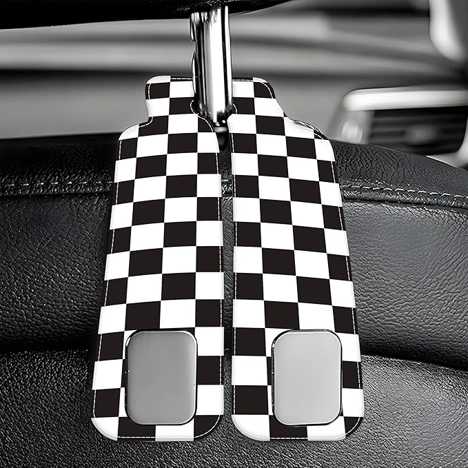 AEWNUNK Car Headrest Purse Hanger Black and White Checkered 1 Pack Bag Purse Holder for Car Premium Leather Double Metal Hook for Handbags, Grocery Bags and Phones
