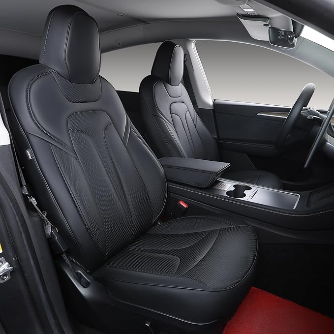 OURPLOT Custom Fit Seat Covers for 2020-2024 Tesla Model Y (5-Seater), Waterproof Nappa Leather, OEM Factory Style Full Set Car Seat Protectors Airbag Compatible - Black