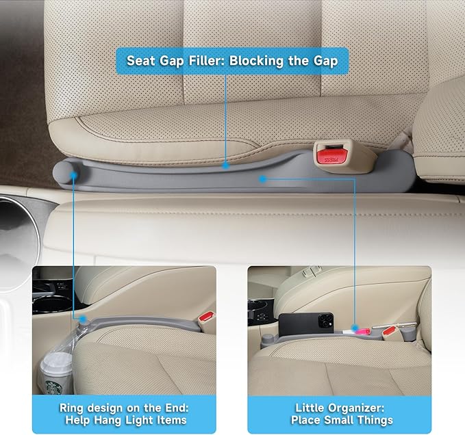 Car Seat Gap Filler Set of 2, 3IN1 Seat Side Gap Filler Plug with Storage Slot & Hook Function, Soft Foam Universal Fit Car SUV Truck Fill Gap Between Seats Console Organizer（Narrow Light Gray ）