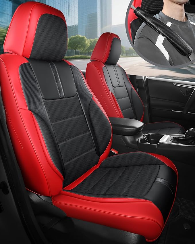 FREESOO Red Black Car Seat Covers Full Set - Faux Nappa Leather Seat Covers for Cars, with Front Seatbelt Pads, Breathable Interior Protectors Universal Fit for Most 5 Seats Vehicles Sedans SUV Trucks