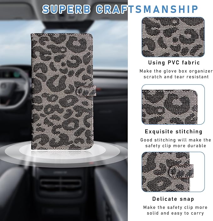 Ziciner Car Registration and Insurance Holder, Auto Card Document Glove Box Organizer with Magnetic Closure, Universal Vehicle Interior Accessories for Cars SUVs (Leopard-Large)