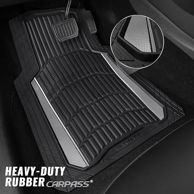 CAR PASS Heavy Duty Rubber Car Floor Mats, Deep Waterproof Car Floor Mats All Weather, Aluminum Film Floor Mats for Cars Non-Slip Universal Trim to Fit for SUVs Trucks Sedans Vans, Black Grey Metallic