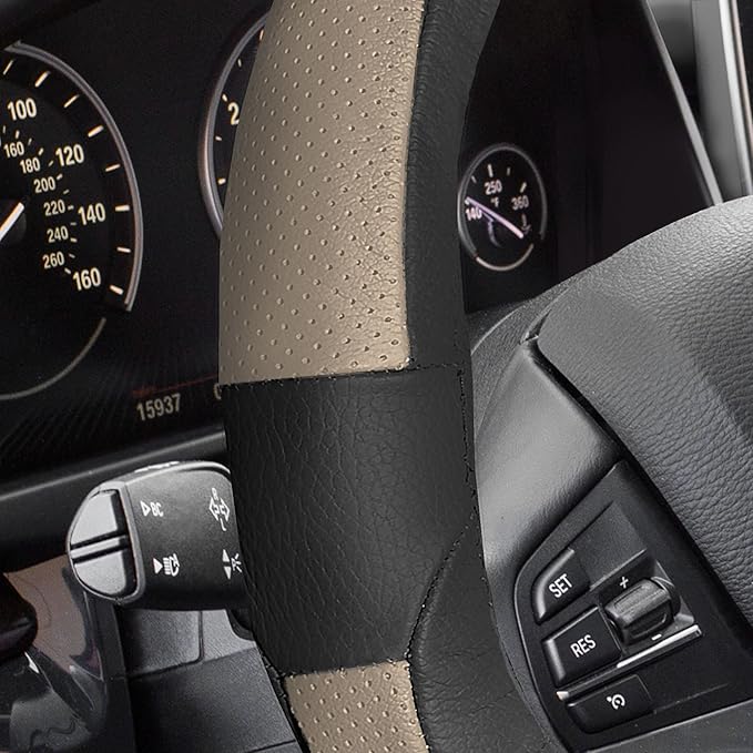 FH Group Universal Fit Deluxe Full Grain Authentic Leather Steering Wheel Cover Fits Most Cars, SUVs Beige Black