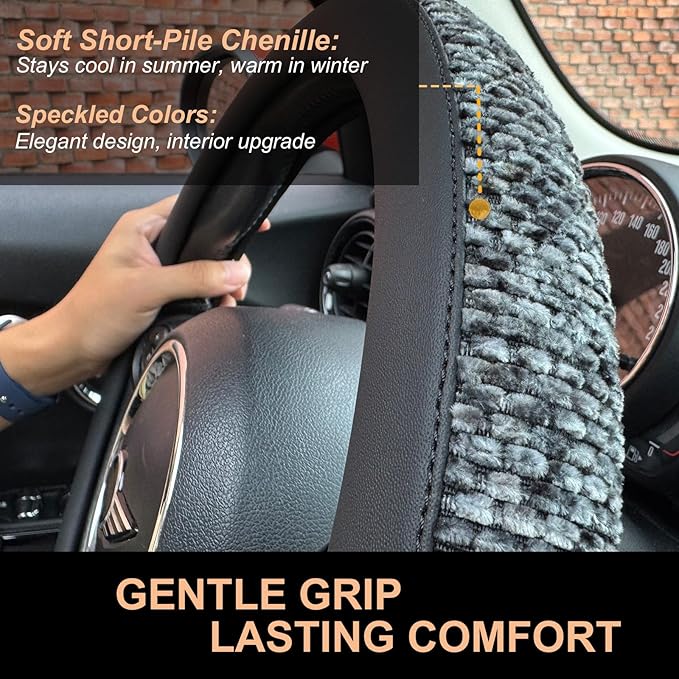 PINCTROT Large Size Chenille Leather Steering Wheel Cover, Soft Mottled Colors, Sweat-Proof, Non-Slip Grip, All-Season Comfort, 15.5-15.75 Inch(Mottled Gray)