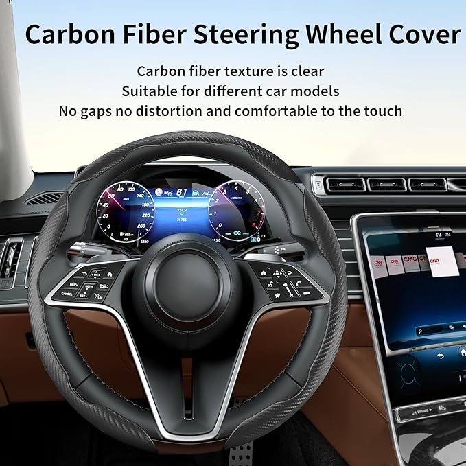 LevChall Carbon Fiber Steering Wheel Cover, 3-Piece Set Anti-Skid Comfortable Grip Segmented Butterfly Design, Easy Snap-On Installation Universal Fit 99% Cars, Black