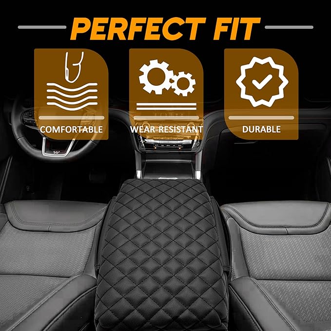 Center Console Cover for Ford Explorer 2026 2025 2020-2024 Accessories 1.2in Thickness Armrest Cover Leather Arm Rest Box Lid Protector Cushion Pad Middle Console Cover with Side Pockets(Black Stitch)
